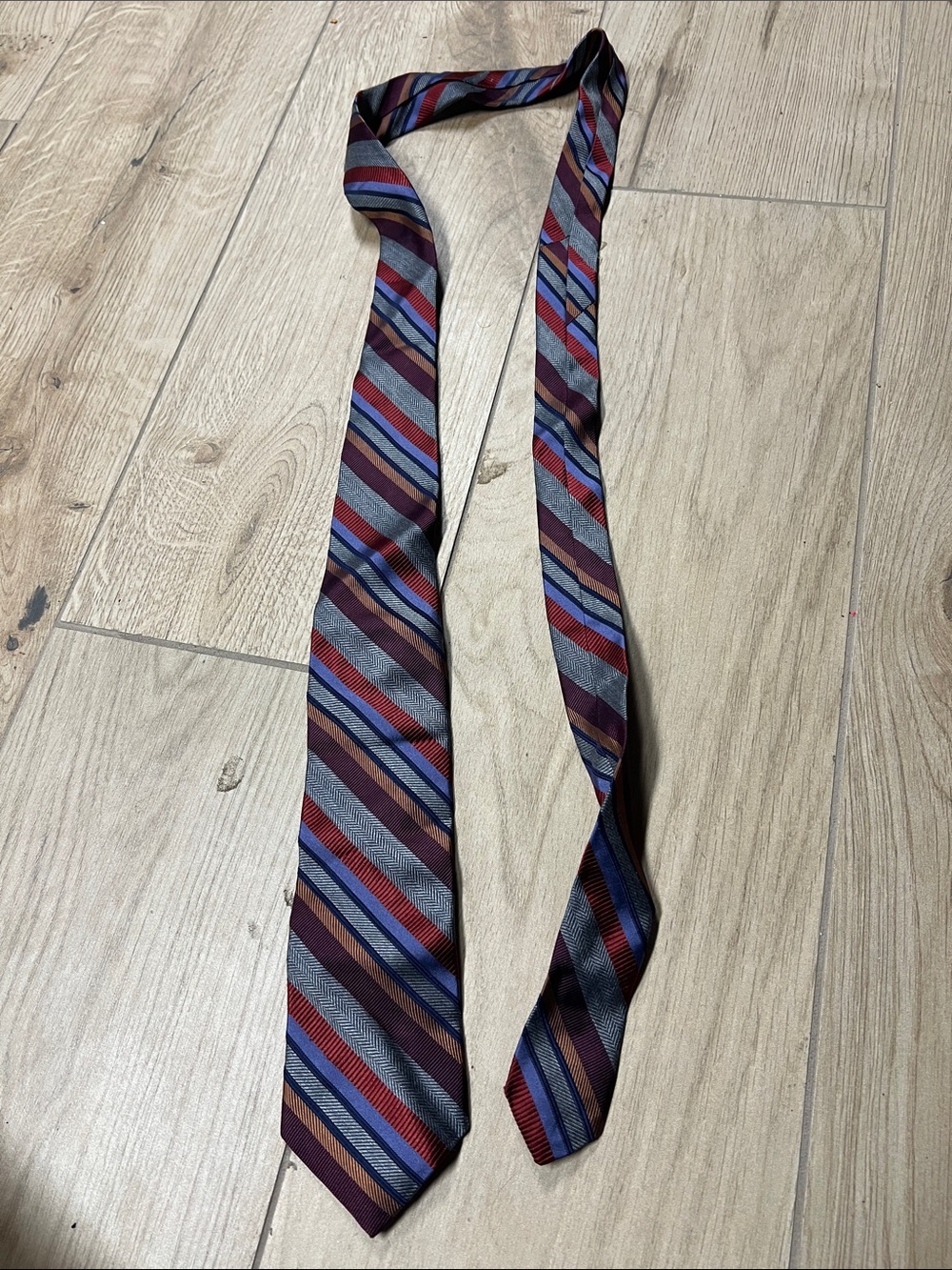 Ted Baker Burgundy, Blue and Gray Striped Self-Tie Bow Tie